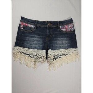 L.E.I. denim jean shorts boho fringe Ashley lowrise Size 9 Aztec Festival BL